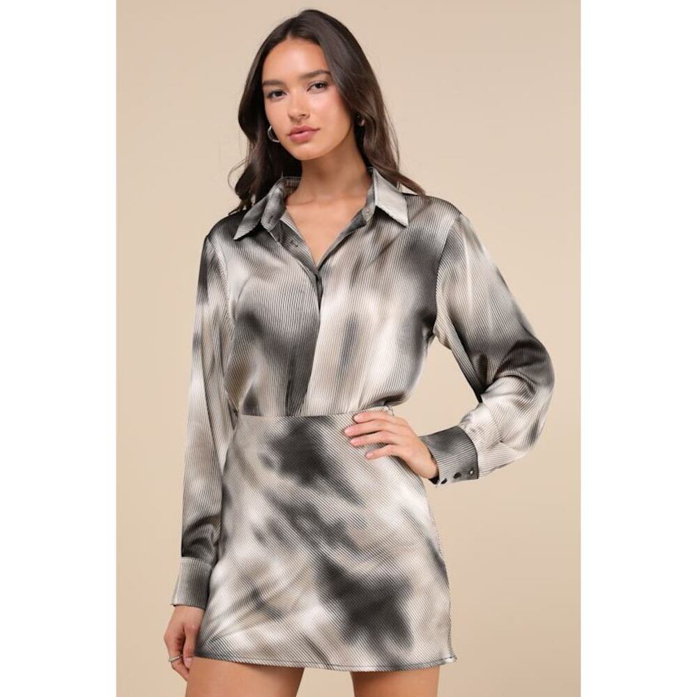 Lulus Poised Outcome Grey Multi Pinstriped Satin Mini Skirt - Size XS